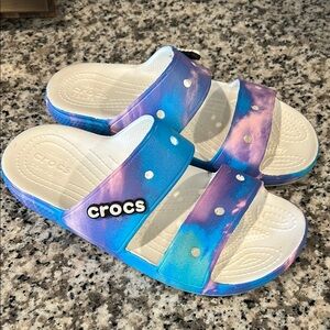 Tie dye Crocs slide sandals